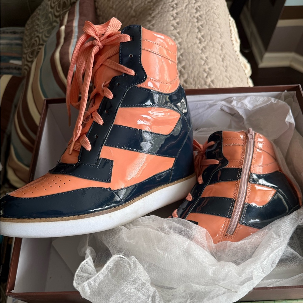Jeffrey Campbell Patent Coral and Navy Wedge Sneakers